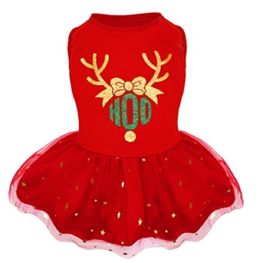 Christmas Dog Dress Sz Small Red Tutu Hoo Reindeer Bow